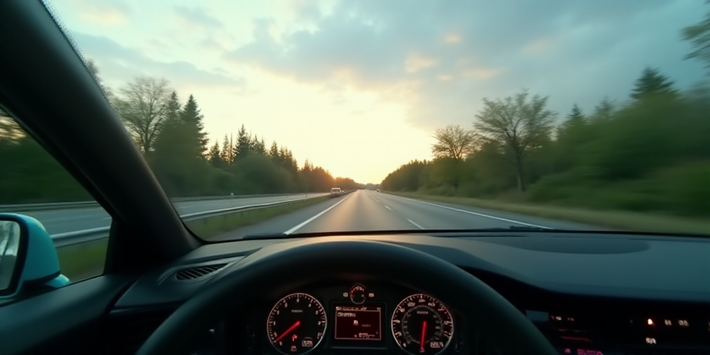 a car driving down a highway with a view of the street from inside the vehicle's dashboard,, Dahlov