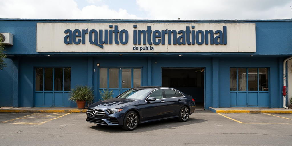 a car is parked outside of a building with a sign on it that says aeroquito international de puebla,