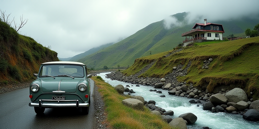 a car parked on a rocky road next to a hill with a house on top of it and a hill with a house on top