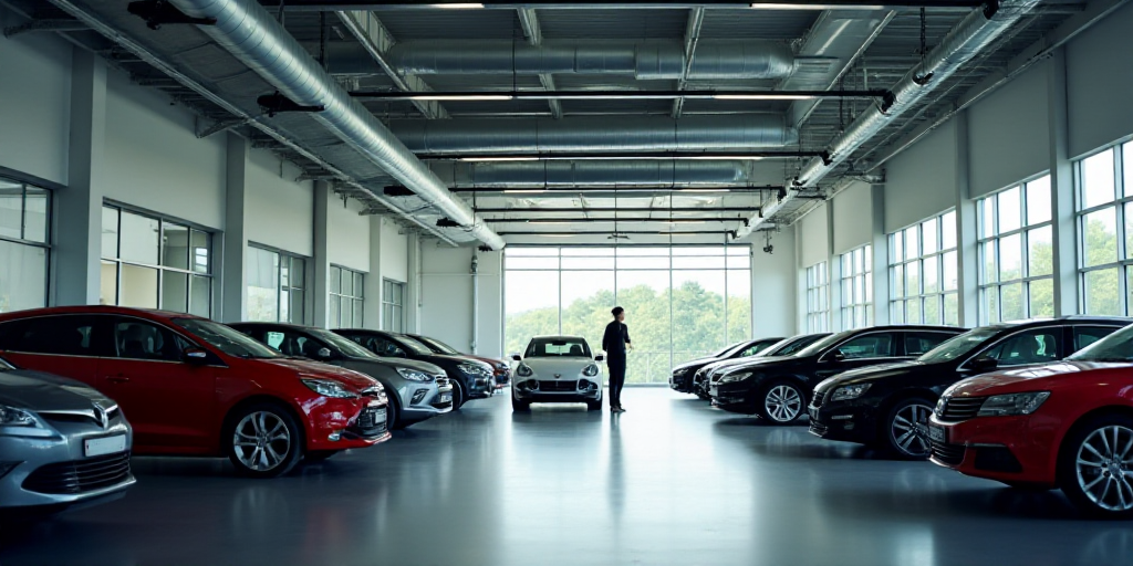 a car showroom filled with lots of cars parked in it's garages and a woman standing next to the car,