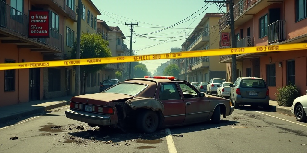 a car that has crashed into a building and is in the street with a police tape around it and a polic