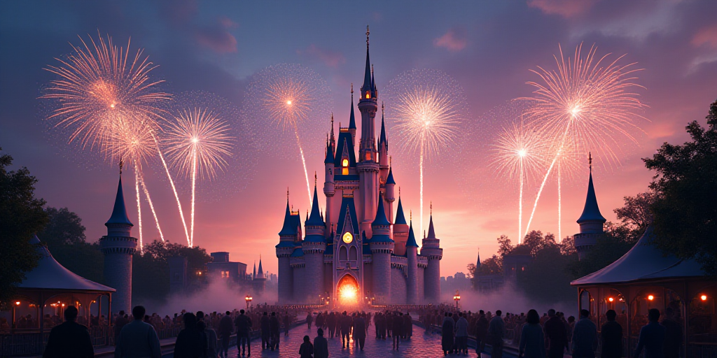 a castle with a lot of fireworks in the sky above it and a lot of people standing around it, disney,