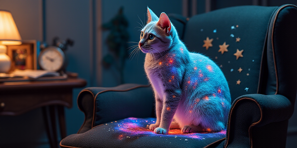 a cat sitting on a chair with a space themed cover on it's back and a space themed seat cushion, Év