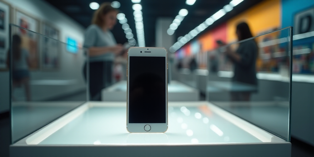 a cell phone is on display in a store display case with a box of it's contents in the background, Ch