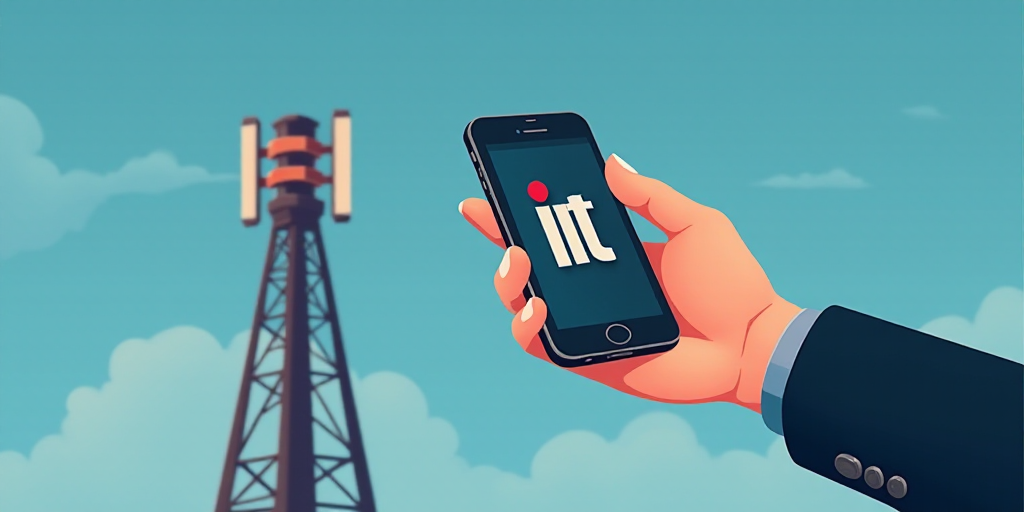 a cell phone tower with a logo for itt on it and a hand holding a cell phone in front of it, Brian F