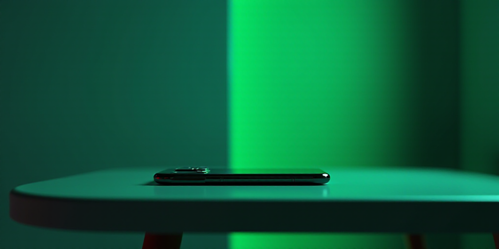 a cell phone with a logo on it sitting on a table next to a wall with a neon green glow, Andries Sto