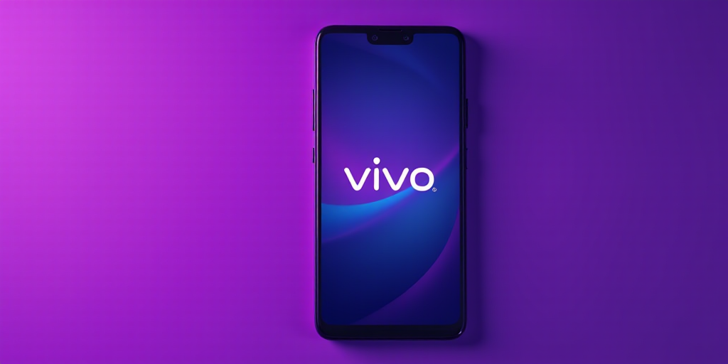 a cell phone with the logo of a company on it's screen and a purple background with a vivo logo, Dav