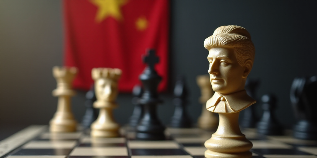 a chess board with two pieces of a political figure on it and a flag on the chess board behind it, A