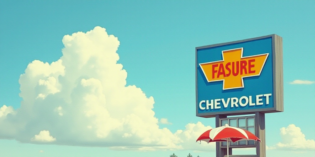 a chevron gas station sign on a cloudy day with a blue sky in the background and a red and white umb