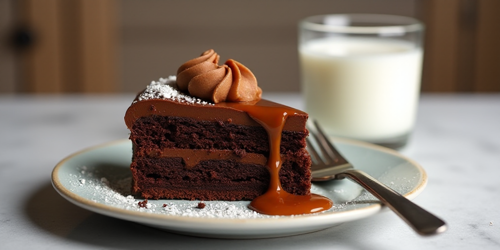 a chocolate cake with caramel on a plate with a fork and spoons next to it and a glass of milk, Cefe