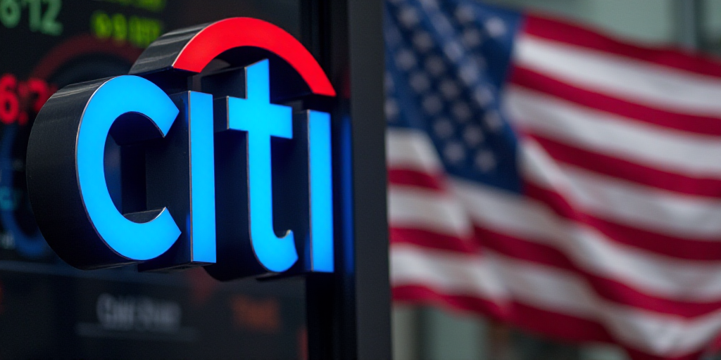 a citi sign is shown in front of an american flag and a wall with a stock ticker, Cliff Childs, oil,