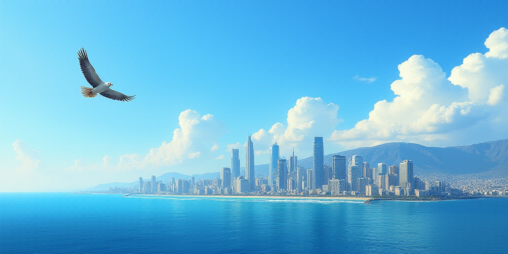 a city by the ocean with a bird flying over it and a blue sky with a few clouds in the background, C
