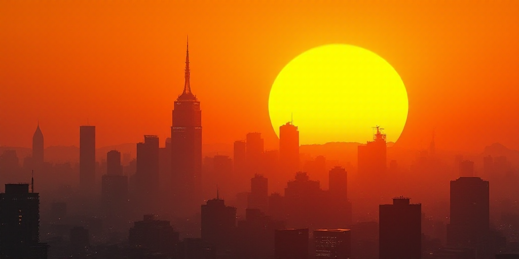a city skyline with a bright orange sky and a yellow sun in the background with buildings and buildi