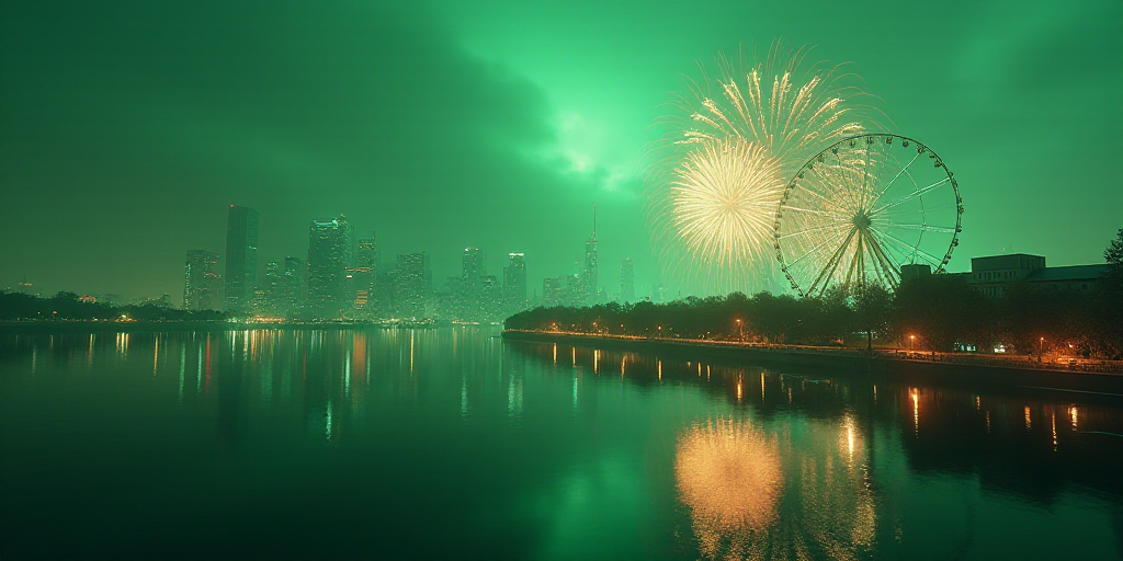a city skyline with a ferris wheel and fireworks in the sky and a green background with a blurry ima