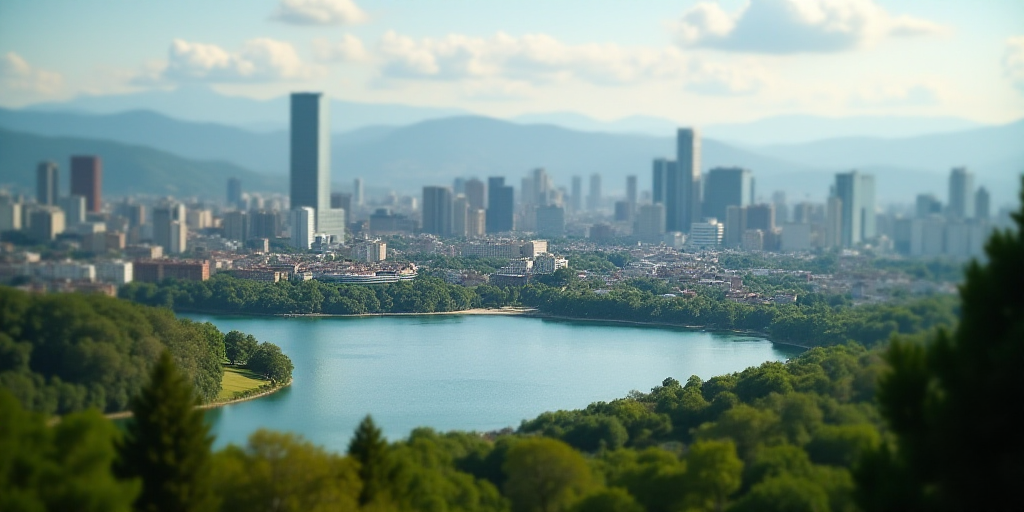 a city skyline with a lake in the foreground and trees in the foreground, and a city in the backgrou