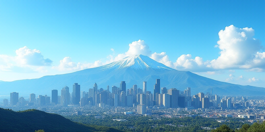 a city skyline with mountains in the background and a blue sky in the foreground with a few clouds,