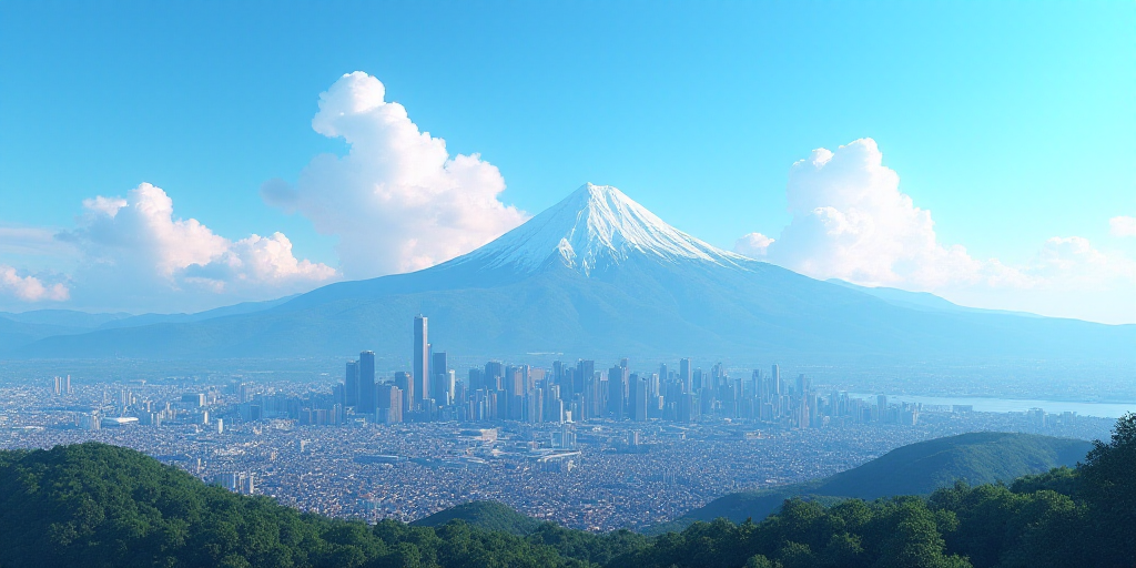 a city skyline with mountains in the background and a blue sky in the foreground with a few clouds,