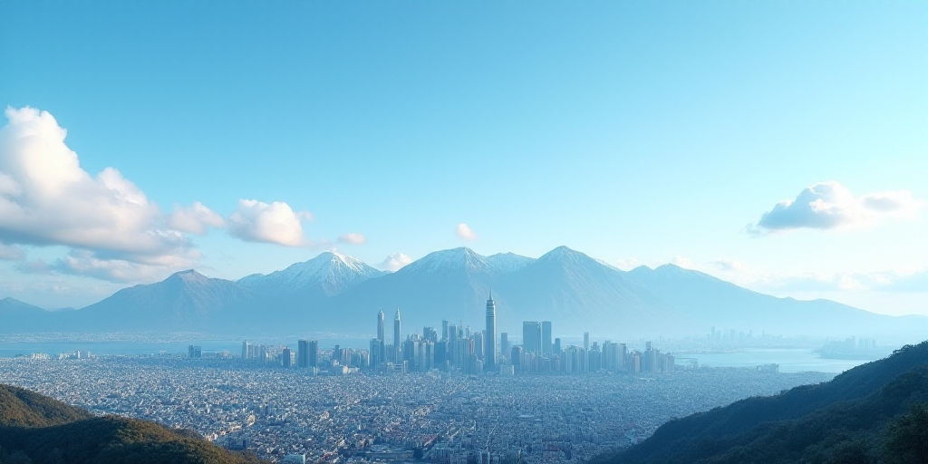 a city skyline with mountains in the background and a blue sky in the foreground with a few clouds,