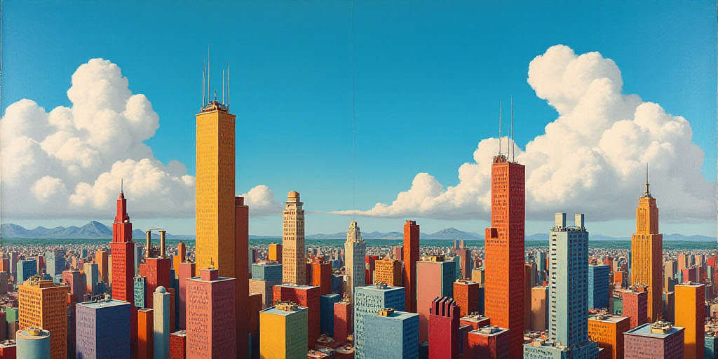 a city skyline with tall buildings and a blue sky in the background with clouds in the sky and a few