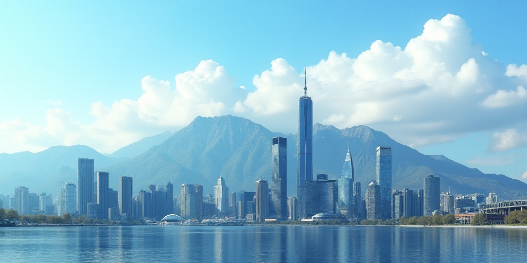a city skyline with tall buildings and mountains in the background, with a blue sky and clouds in th