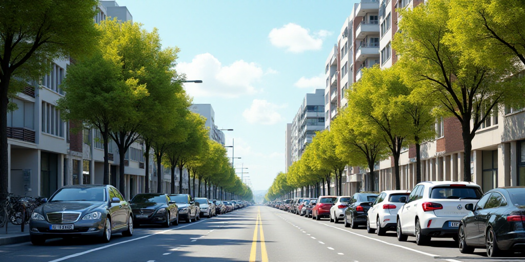 a city street with a lot of cars parked on the side of it and a building in the background, Alesso B