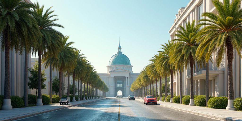 a city street with palm trees and a large building in the background with a domed glass dome on top,