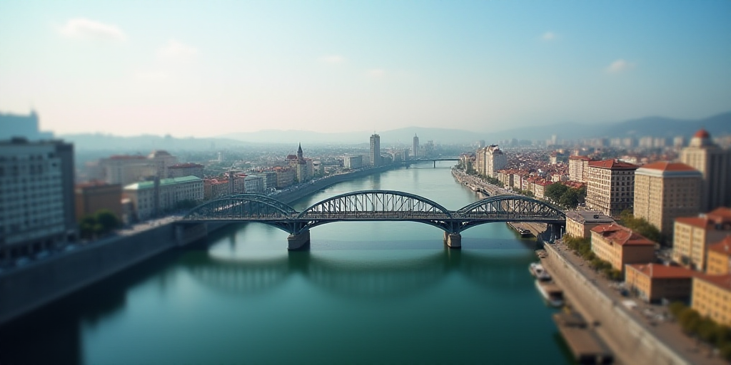a city with a bridge and a bridge over it with a sky line above it and a city below, Aquirax Uno, bl