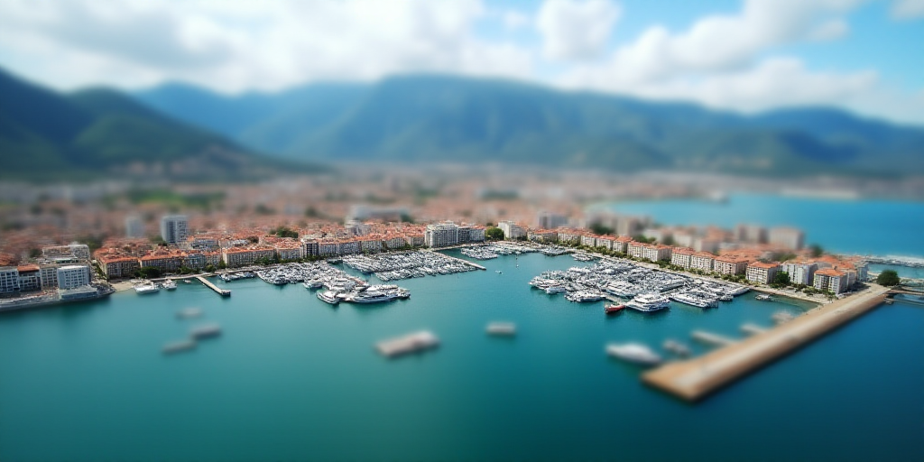 a city with a harbor and mountains in the background and boats in the water in the foreground and a
