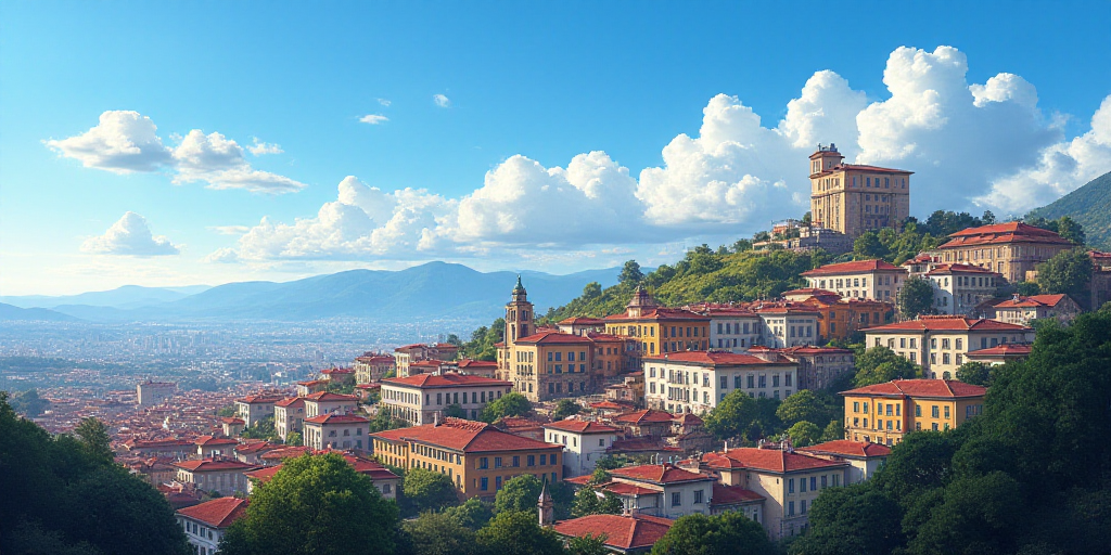 a city with a hill of houses on top of it and a blue sky above it with a few clouds, Ceferí Olivé,