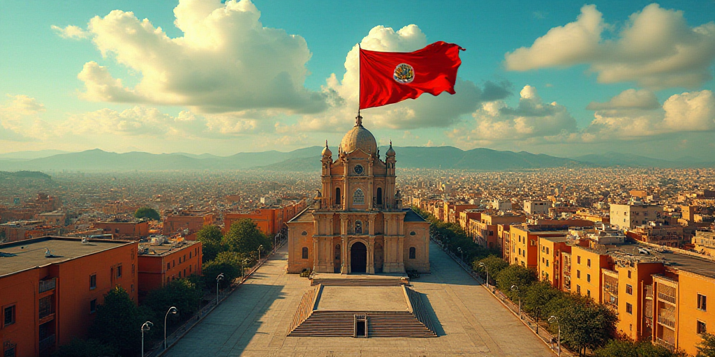 a city with a large cathedral and a flag flying in the air above it and a large city with a large ca