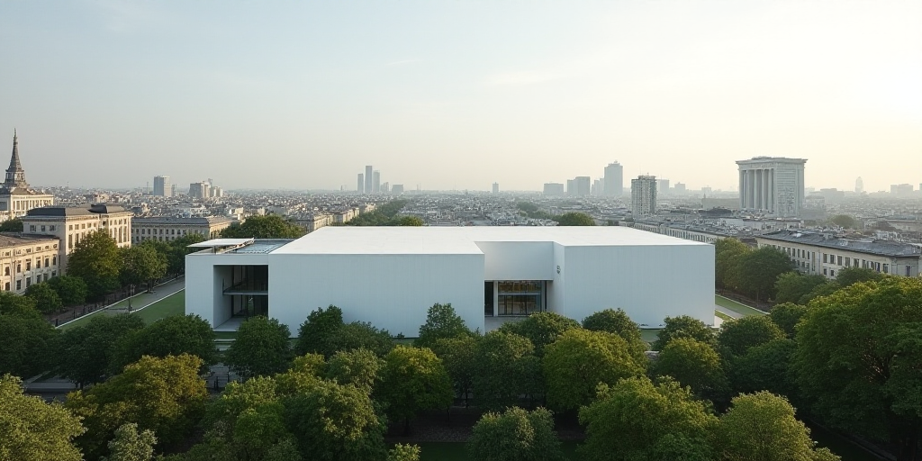 a city with a large white building in the background and trees in the foreground, and a few building