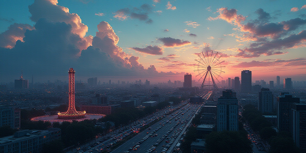 a city with a lot of cars parked in it at dusk time with a sky full of clouds and a ferris wheel, Ed