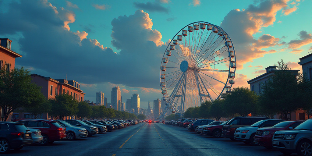 a city with a lot of cars parked in it at dusk time with a sky full of clouds and a ferris wheel, Ed
