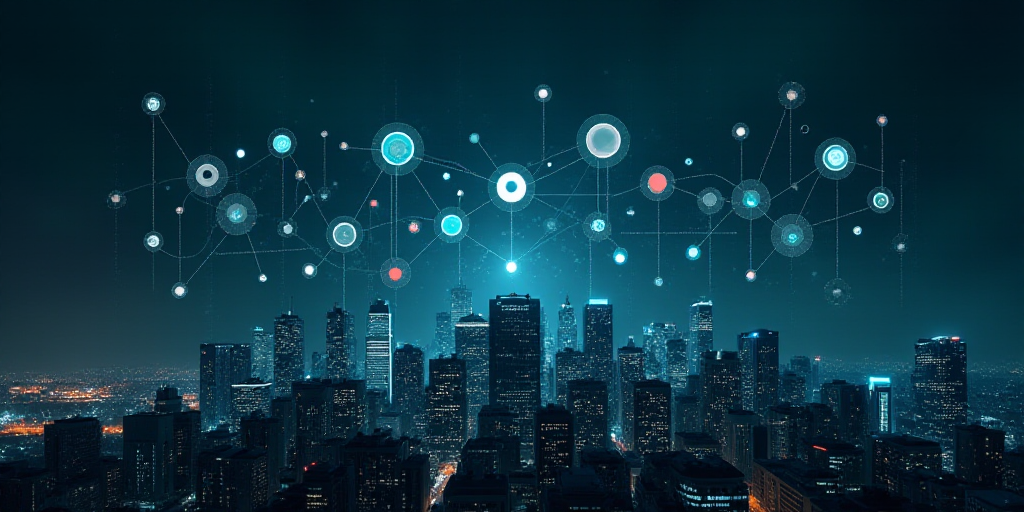 a city with a lot of connected icons above it and a dark sky background with buildings and skyscrape