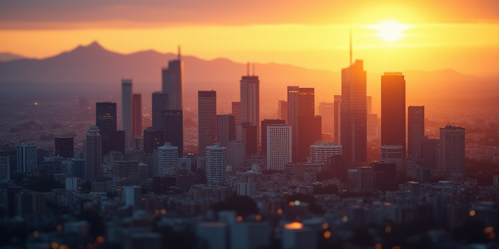 a city with a lot of tall buildings and a mountain in the background at sunset or dawn with a bright
