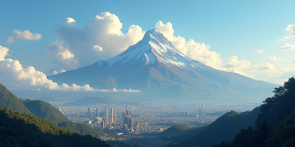 a city with a mountain in the background and clouds in the sky above it, with a cityscape in the for