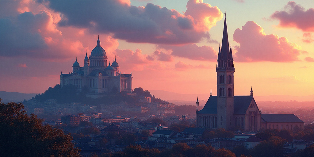 a city with a very tall church tower next to a hill with a lot of buildings on it and a colorful sky