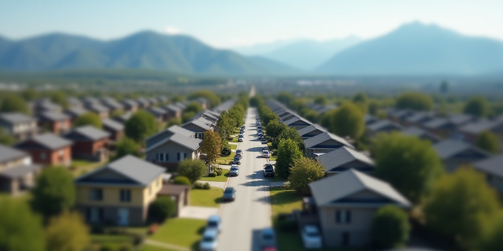a city with lots of houses and cars parked in front of them and mountains in the background in the d