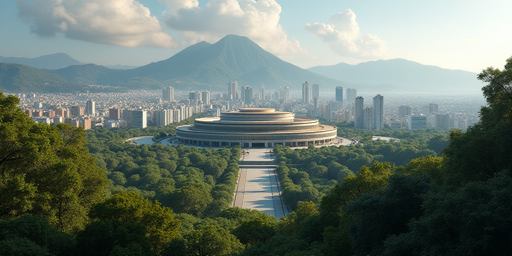 a city with lots of tall buildings and lots of trees in the foreground and a large circular building