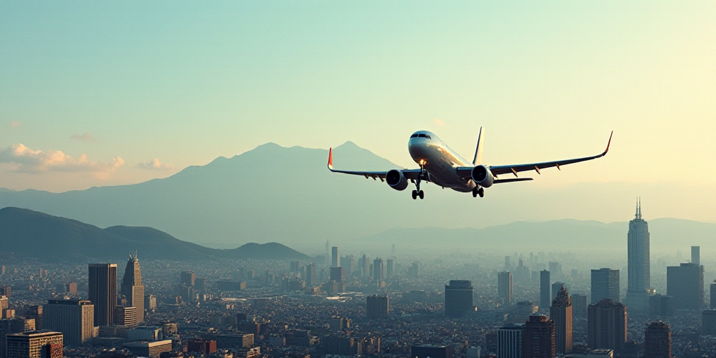 a city with mountains in the background and a plane flying over it in the foreground of the picture,