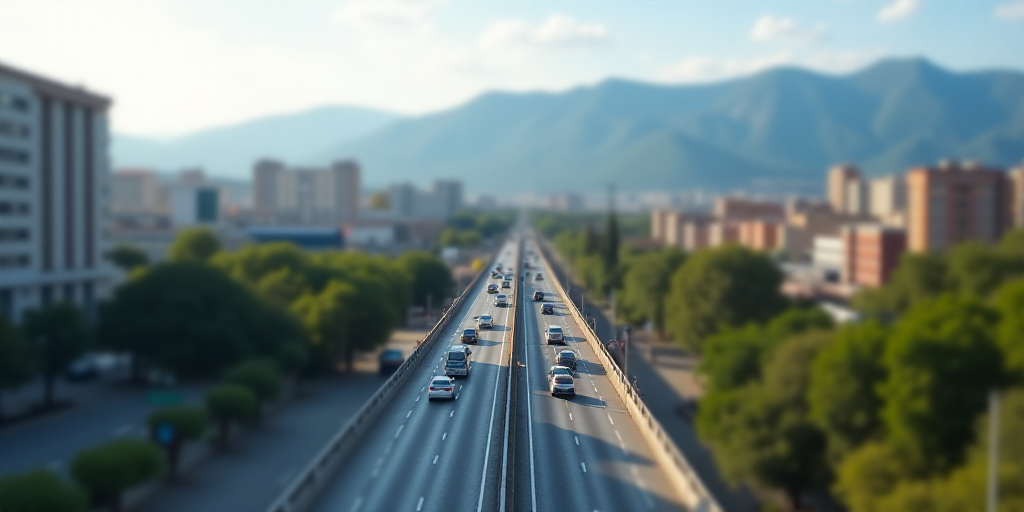 a city with mountains in the background and a road in the foreground with cars on it and a bridge in