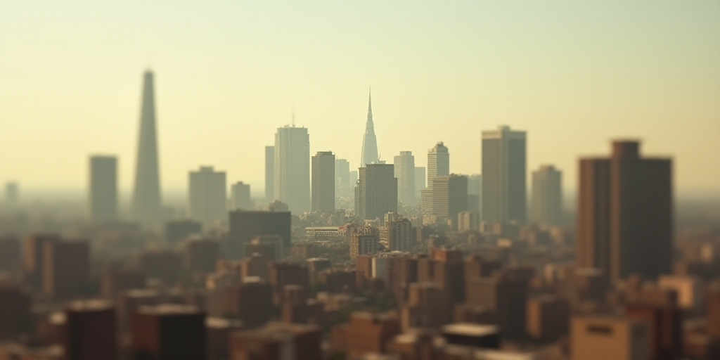 a city with tall buildings and a sky scraper in the background with a hazy sky in the foreground, Da