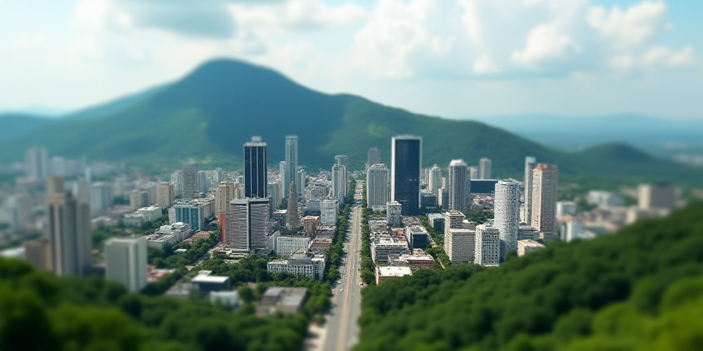 a city with tall buildings and a green hillside in the background is seen from a bird's eye view, Ed