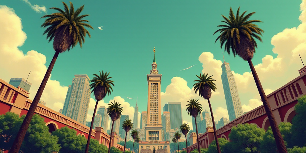 a city with tall buildings and a street sign in front of it with a palm tree in the foreground, Dieg