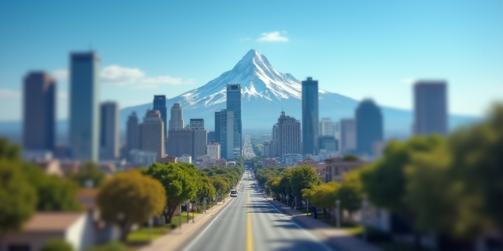 a city with tall buildings and a street in the foreground and a mountain in the background with a bl