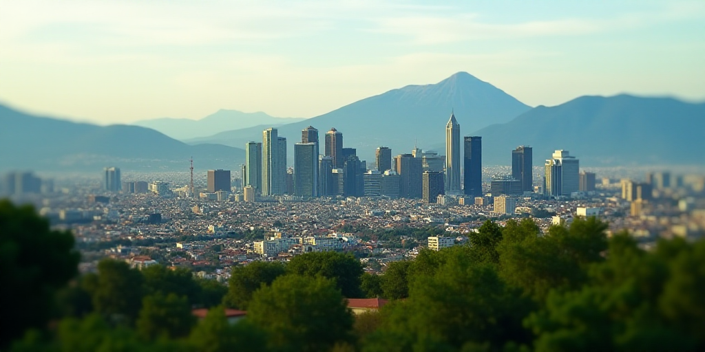 a city with tall buildings and a lot of trees in the foreground and mountains in the background,, Ca