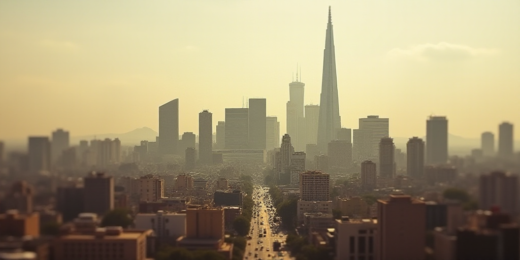 a city with tall buildings and a sky scraper in the background with a hazy sky in the foreground, Da