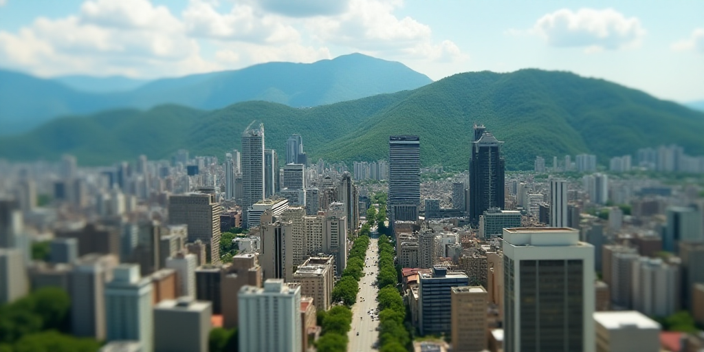 a city with tall buildings and a green hillside in the background is seen from a bird's eye view, Ed