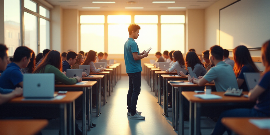 a classroom full of students sitting at desks with laptops on their laps and one student standing up