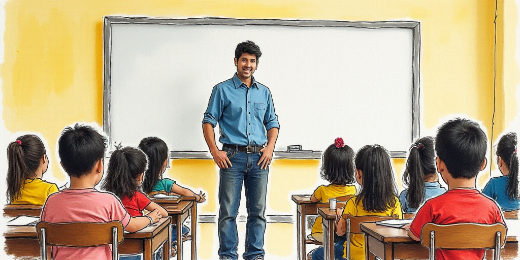 a classroom with a man standing in front of a whiteboard and a group of children sitting in chairs,
